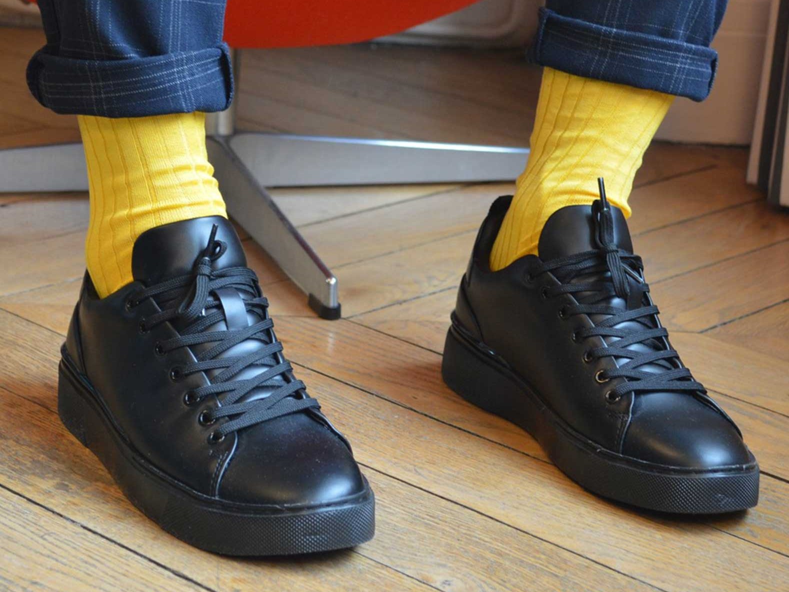 chaussettes-montantes-mi-bas-unies-jaune-colza-en-pur-fil-d'écosse-remaillées-à-la-main-pour-hommes